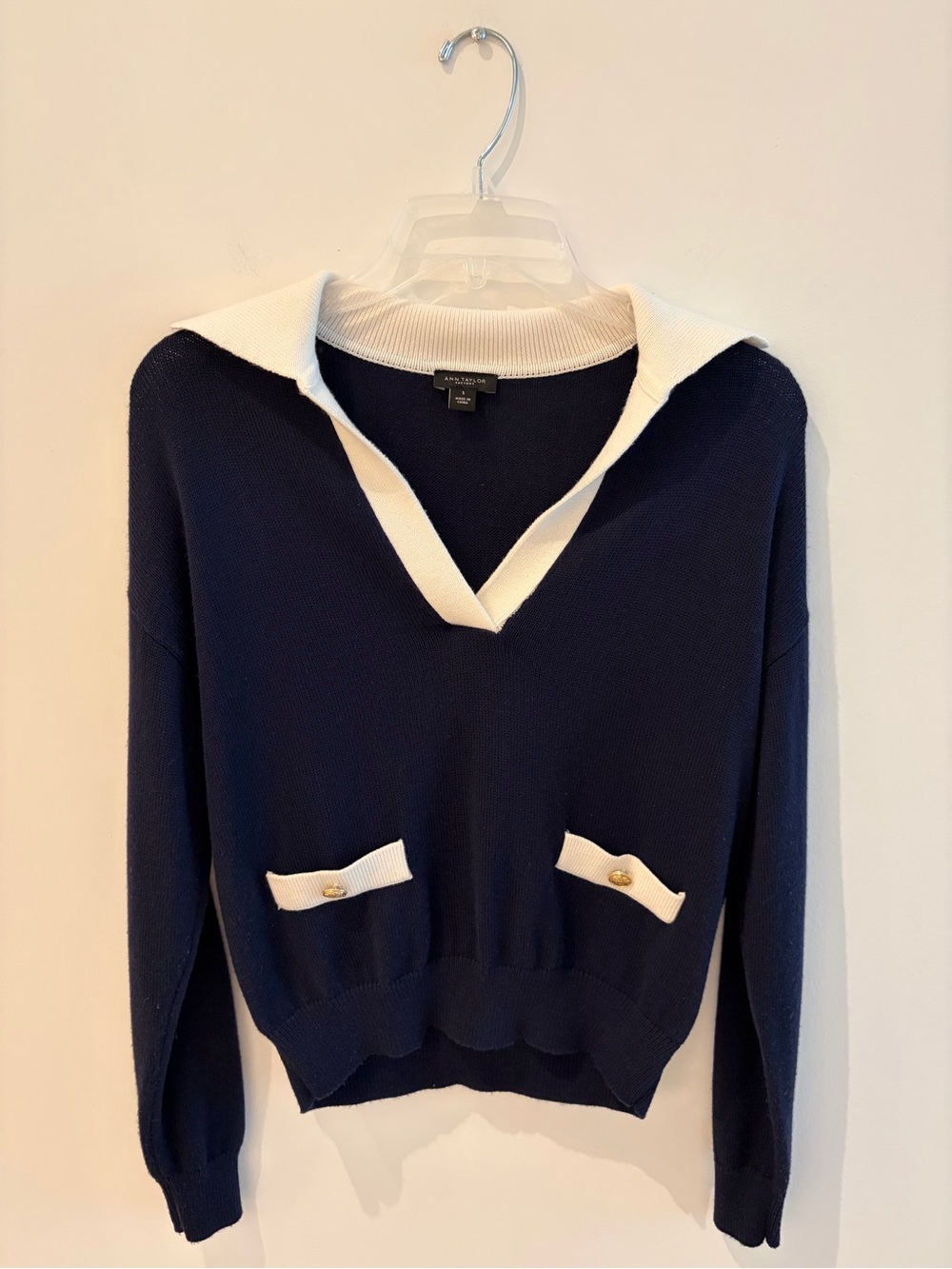 Ann Taylor Factory Navy V-Neck Sweater with White Trim
